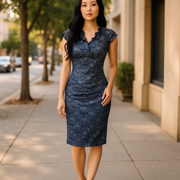 Xscape Dresses & Skirts - Xscape Lace midi dress ruffle shaping Bodycon cap sleeve ruched dark blue size 4